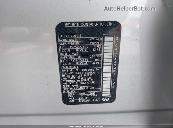 3PCAJ5AA0MF111225 2021 INFINITI QX50 Silver Widok komory silnika