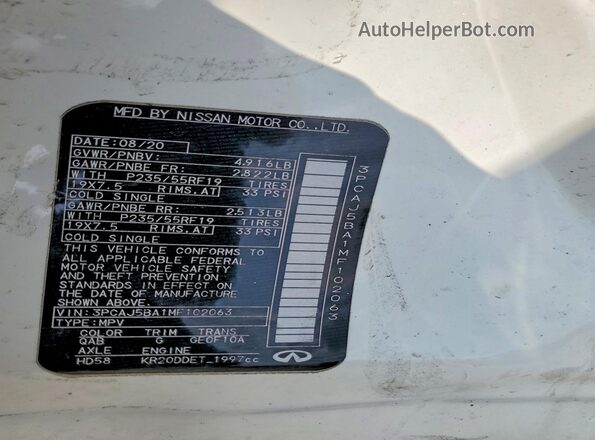 3PCAJ5BA1MF102063 2021 INFINITI QX50 Белый Вид наклейки с VIN-кодом