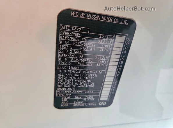 3PCAJ5BA2MF122614 2021 INFINITI QX50 White Vista interior de 360 grados