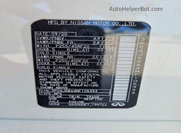 3PCAJ5BA4MF105393 2021 INFINITI QX50 White Панорамний вид салону 360°