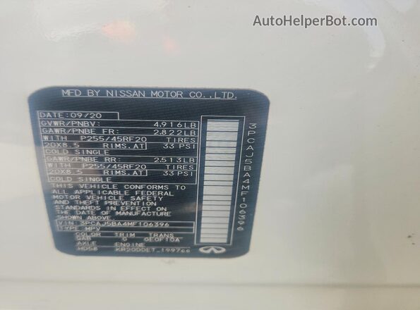 3PCAJ5BA4MF106396 2021 INFINITI QX50 White VIN კოდის სტიკერის ხედი
