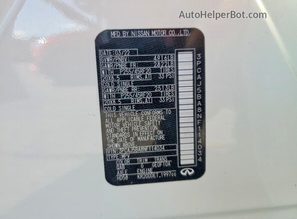 3PCAJ5BA8NF114034 2022 INFINITI QX50 White VIN კოდის სტიკერის ხედი
