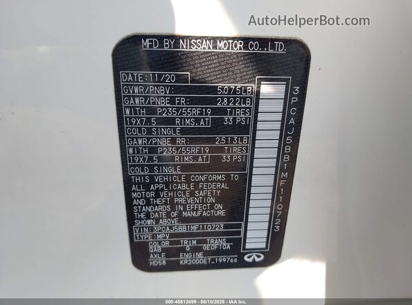 3PCAJ5BB1MF110723 2021 INFINITI QX50 White ძრავის განყოფილების ხედი