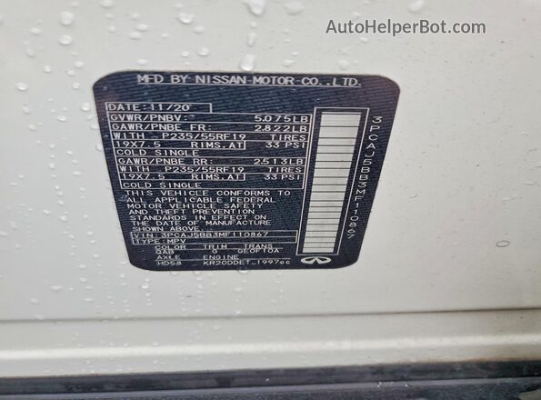 3PCAJ5BB3MF110867 2021 INFINITI QX50 White 360 interior view