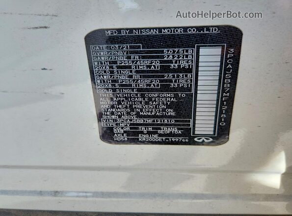 3PCAJ5BB7MF121810 2021 INFINITI QX50 White სალონის 360-გრადუსიანი ხედი