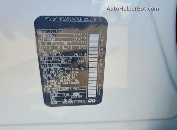 3PCAJ5BB7RF114587 2024 INFINITI QX50 White VIN կոդի պիտակի տեսք