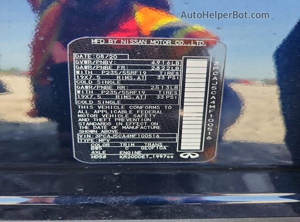 3PCAJ5CA4MF100516 2021 INFINITI QX50 Синий Вид наклейки с VIN-кодом