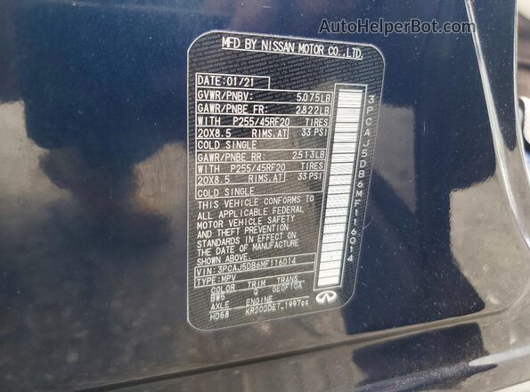 3PCAJ5DB6MF116014 2021 INFINITI QX50 Blue Панорамний вид салону 360°