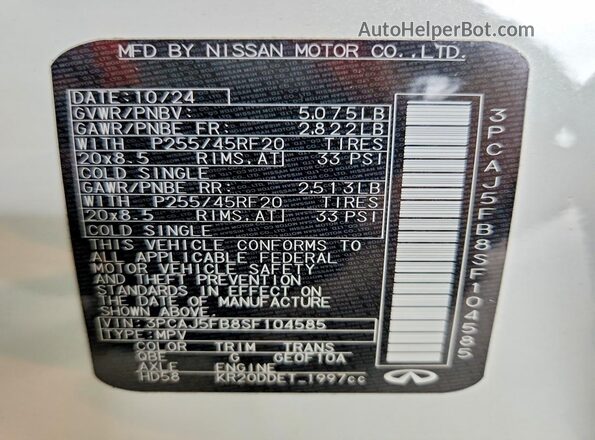 3PCAJ5FB8SF104585 2025 INFINITI QX50 Белый Вид наклейки с VIN-кодом