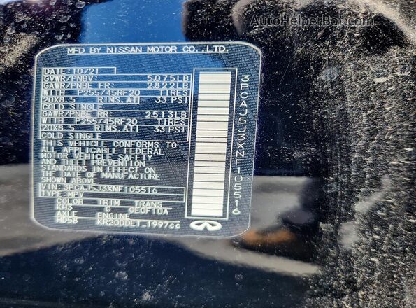 3PCAJ5J3XNF105516 2022 INFINITI QX55 Black Vista de la etiqueta del VIN