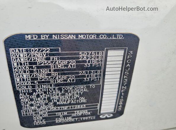 3PCAJ5K37NF112843 2022 INFINITI QX55 Белый Вид наклейки с VIN-кодом