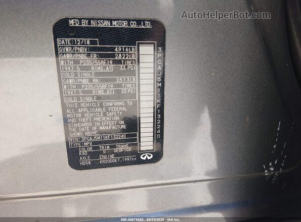 3PCAJ5M11KF132240 2019 INFINITI QX50 Gray Widok komory silnika