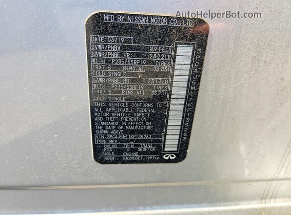 3PCAJ5M11KF135283 2019 INFINITI QX50 Silver Vista de la etiqueta del VIN