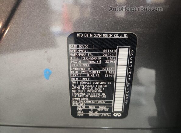 3PCAJ5M13LF120947 2020 INFINITI QX50 Gray VIN sticker view