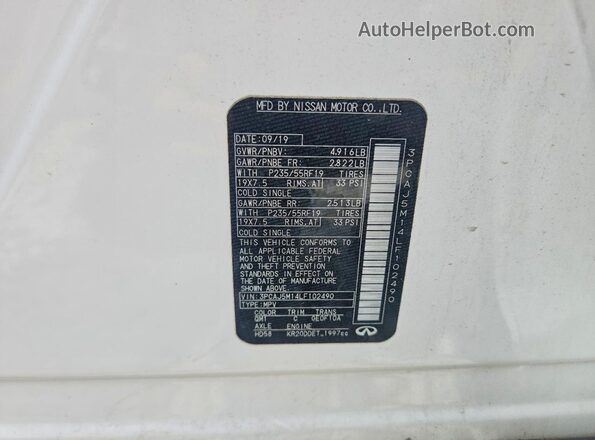 3PCAJ5M14LF102490 2020 INFINITI QX50 White Vista de la etiqueta del VIN