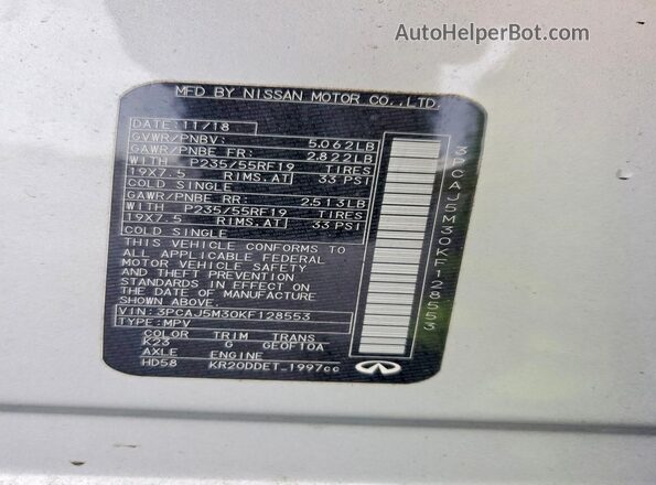 3PCAJ5M30KF128553 2019 INFINITI QX50 Серебряный Вид наклейки с VIN-кодом