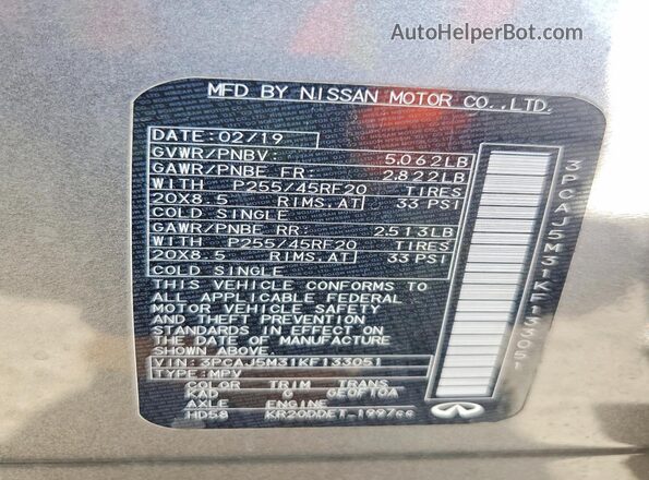 3PCAJ5M31KF133051 2019 INFINITI QX50 Gray VIN կոդի պիտակի տեսք