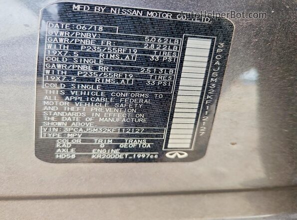 3PCAJ5M32KF112127 2019 INFINITI QX50 Gray 360 interior view