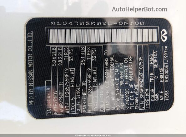 3PCAJ5M35KF107505 2019 INFINITI QX50 White Engine compartment view
