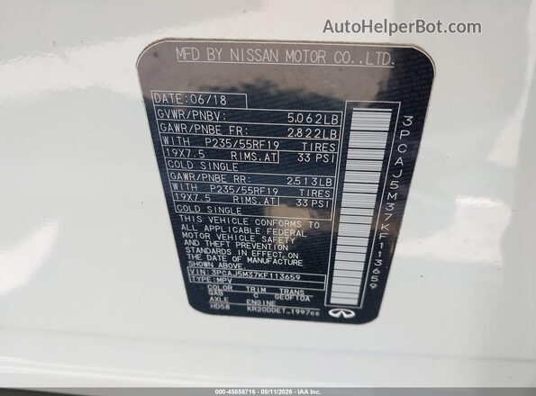 3PCAJ5M37KF113659 2019 INFINITI QX50 White ძრავის განყოფილების ხედი