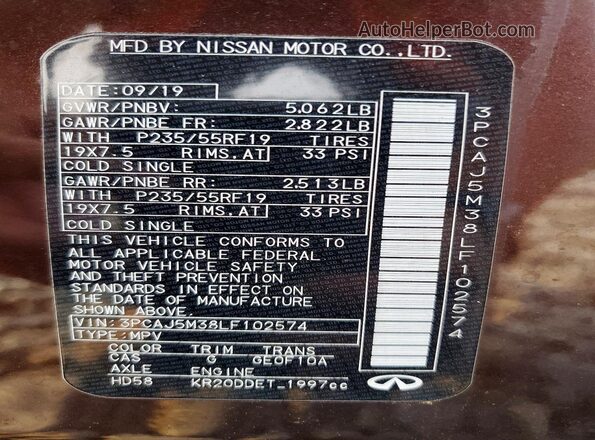 3PCAJ5M38LF102574 2020 INFINITI QX50 Burgundy Вид наклейки з VIN-кодом