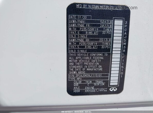3PCAJ5M38LF115101 2020 INFINITI QX50 White Շարժիչի բաժամունքի տեսք