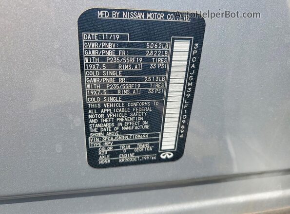 3PCAJ5M39LF109694 2020 INFINITI QX5 Silver VIN կոդի պիտակի տեսք