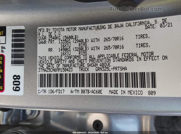 3TMAZ5CN6MM150423 2021 TOYOTA TACOMA Gray Widok komory silnika