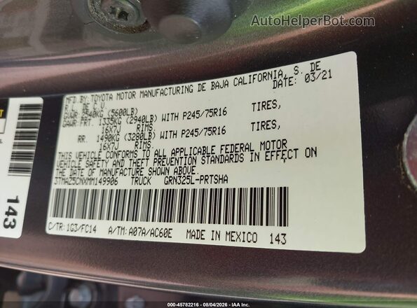 3TMAZ5CNXMM149906 2021 TOYOTA TACOMA Gray Widok komory silnika
