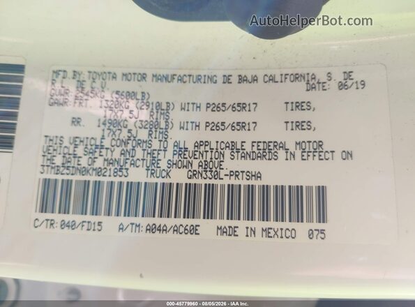 3TMBZ5DN0KM021853 2019 TOYOTA TACOMA Белый Вид подкапотного пространства