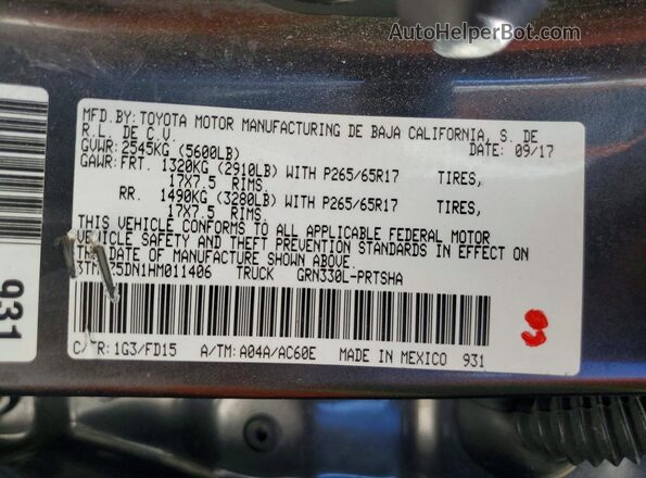 3TMBZ5DN1HM011406 2017 TOYOTA TACOMA Угольный Вид наклейки с VIN-кодом
