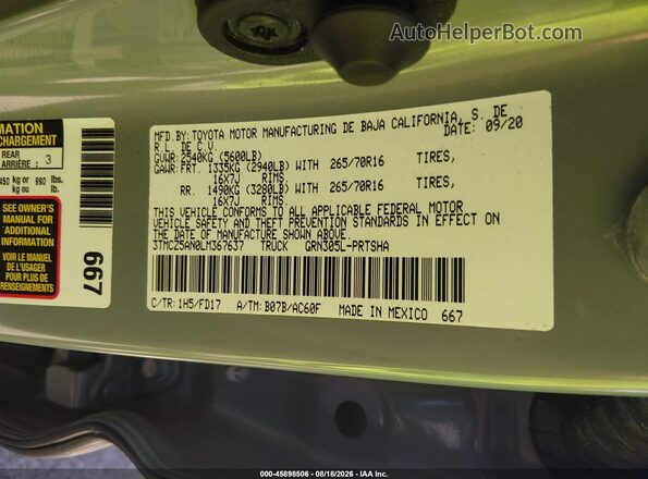 3TMCZ5AN0LM367637 2020 TOYOTA TACOMA Silver Vista del compartimento del motor