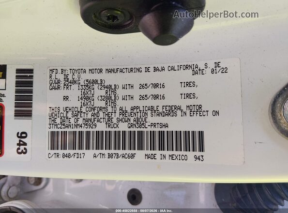 3TMCZ5AN1NM475929 2022 TOYOTA TACOMA Белый Вид подкапотного пространства