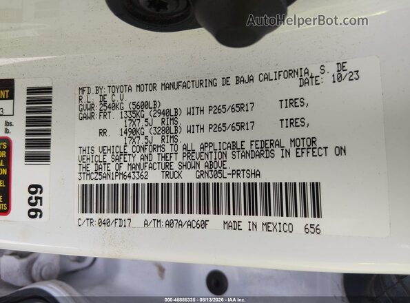3TMCZ5AN1PM643362 2023 TOYOTA TACOMA White Вид підкапотного простору