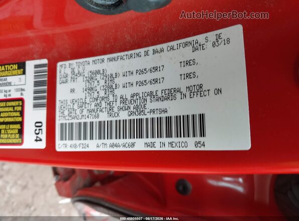 3TMCZ5AN2JM147168 2018 TOYOTA TACOMA Orange Вид підкапотного простору