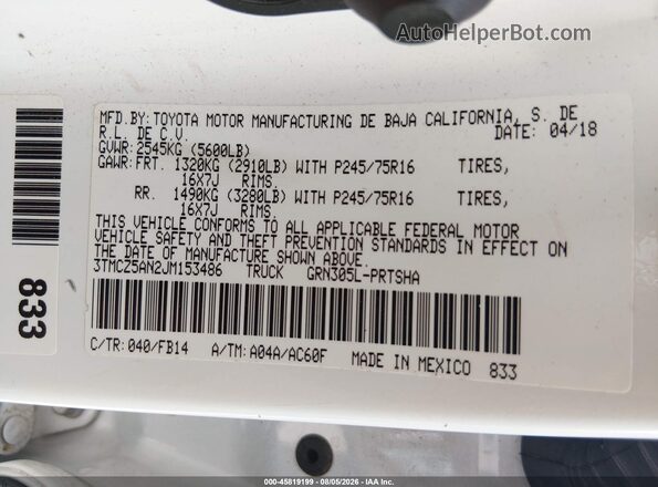 3TMCZ5AN2JM153486 2018 TOYOTA TACOMA Белый Вид подкапотного пространства