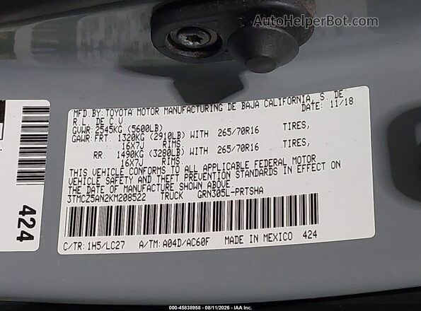 3TMCZ5AN2KM208522 2019 TOYOTA TACOMA Blue Շարժիչի բաժամունքի տեսք