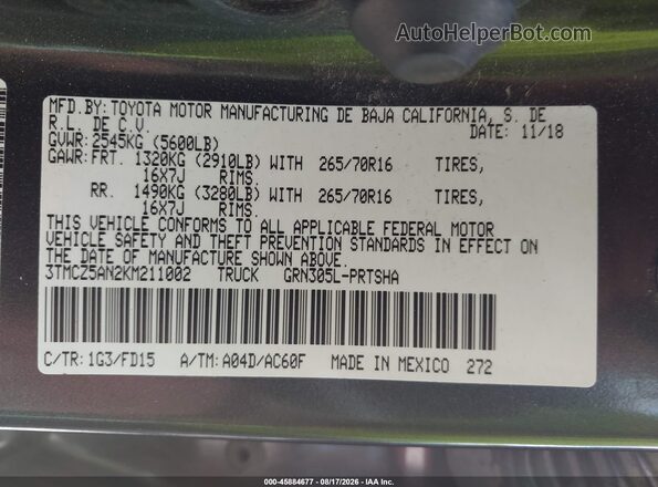 3TMCZ5AN2KM211002 2019 TOYOTA TACOMA Gray Vista del compartimento del motor