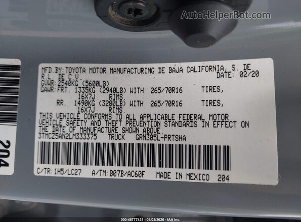 3TMCZ5AN2LM333375 2020 TOYOTA TACOMA Gray Widok komory silnika