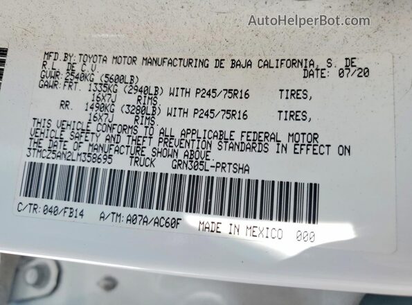 3TMCZ5AN2LM358695 2020 TOYOTA TACOMA Белый Вид подкапотного пространства