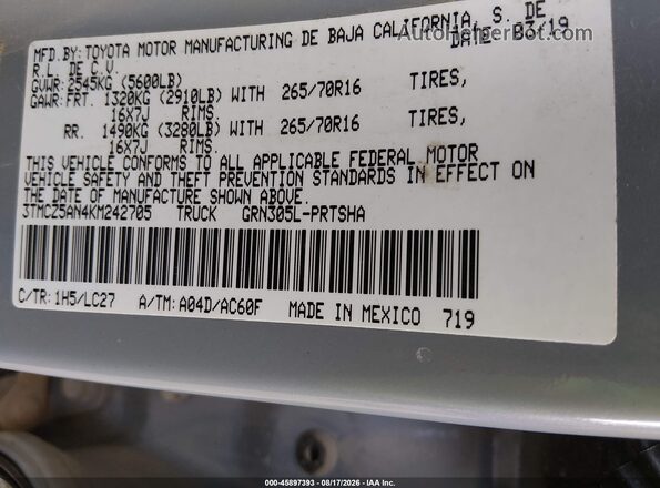 3TMCZ5AN4KM242705 2019 TOYOTA TACOMA Gray Widok komory silnika