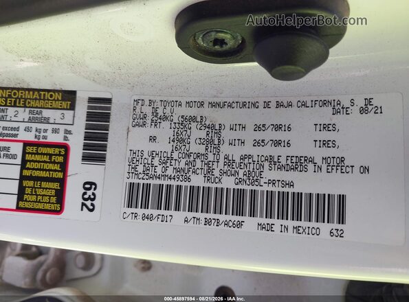 3TMCZ5AN4MM449386 2021 TOYOTA TACOMA Белый Вид подкапотного пространства