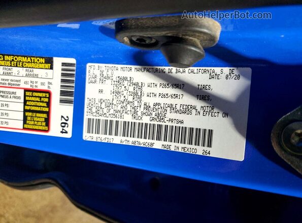 3TMCZ5AN5LM356181 2020 TOYOTA TACOMA Blue Vista de la etiqueta del VIN