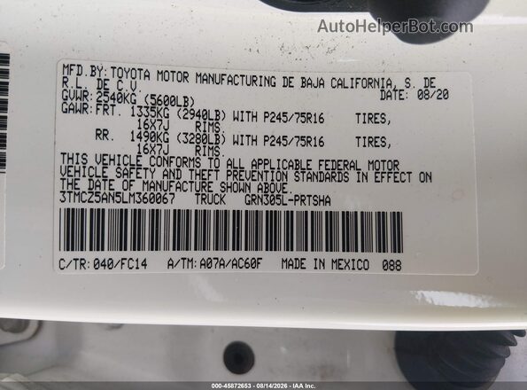 3TMCZ5AN5LM360067 2020 TOYOTA TACOMA White Vista del compartimento del motor