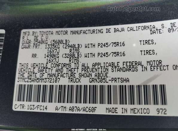 3TMCZ5AN5MM372107 2021 TOYOTA TACOMA Gray Vista del compartimento del motor