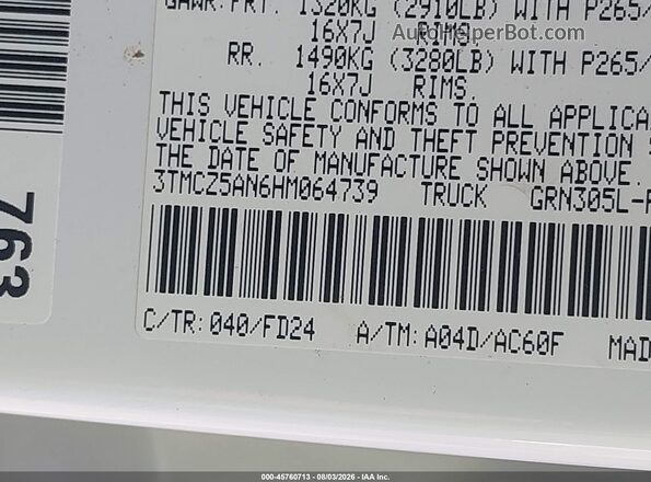 3TMCZ5AN6HM064739 2017 TOYOTA TACOMA White Вид підкапотного простору