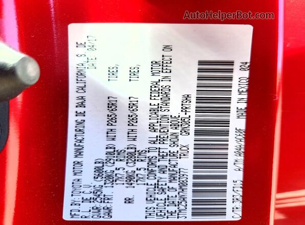 3TMCZ5AN7HM083977 2017 TOYOTA TACOMA Red VIN sticker view