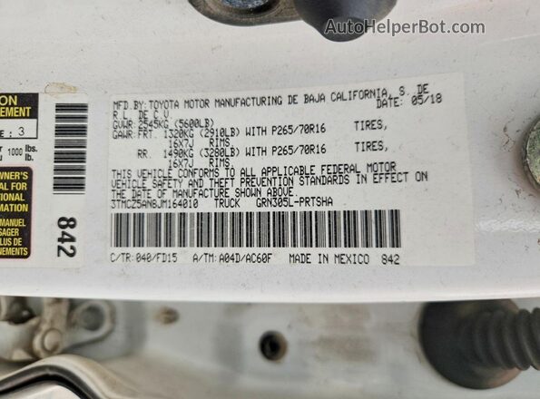 3TMCZ5AN8JM164010 2018 TOYOTA TACOMA White VIN կոդի պիտակի տեսք