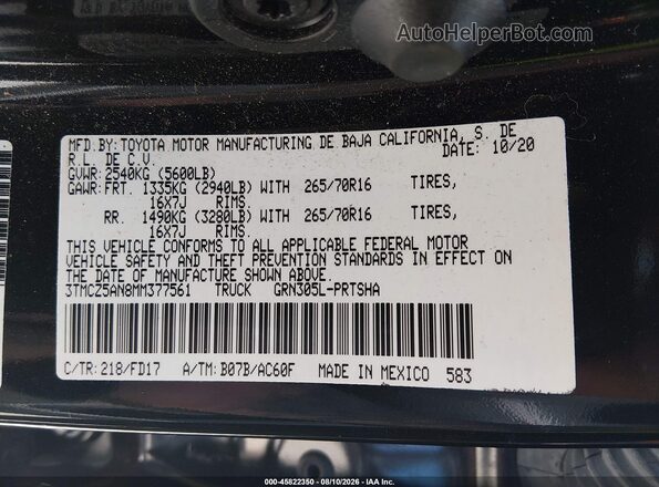 3TMCZ5AN8MM377561 2021 TOYOTA TACOMA Black Widok komory silnika