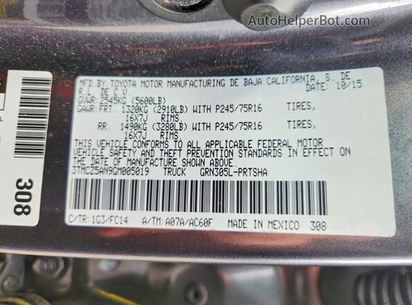 3TMCZ5AN9GM005019 2016 TOYOTA TACOMA Gray Widok naklejki z numerem VIN